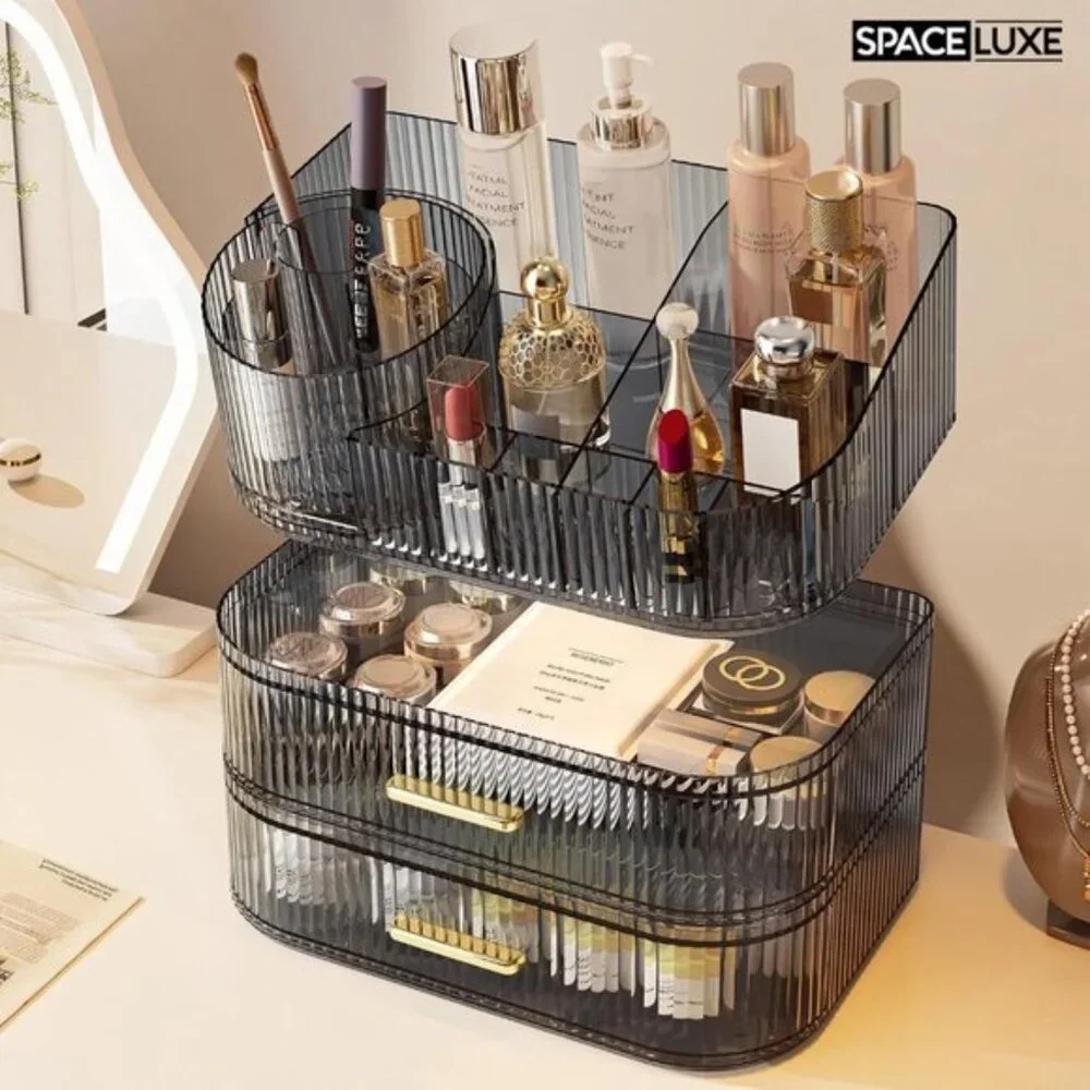 New 3-Layer 360°Rotating Makeup Organizer with Drawers & Brush Holder for Vanity